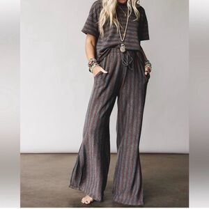 Three Bird Nest Striped Knit Lounge Set in Charcoal, Rust & Teal